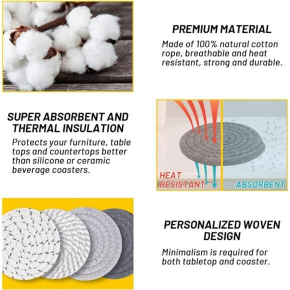 Absorbent Cotton Woven Drink Coasters Set of 8 with Holder Tabletop Protection - Picture 4 of 7